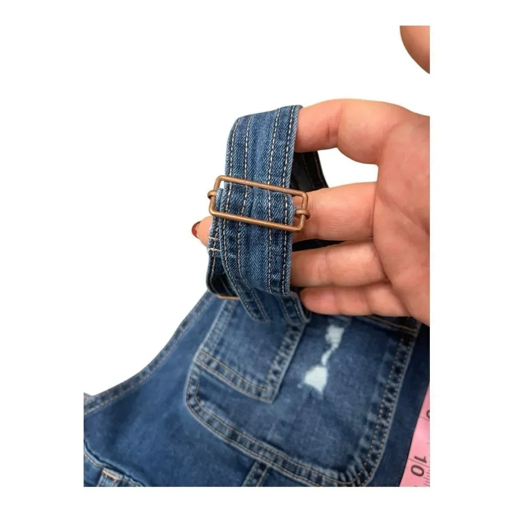 Justice Blue Denim Distressed Overalls Size 10 Stretch Adjustable Straps EUC